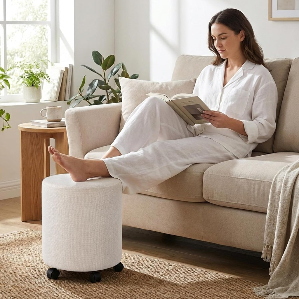 Get Set Style Ottoman with Wheels, Rolling Vanity Stool for Makeup, Upholstered Vanity Rolling Chair Footrest Round Ottoman Foot Stool for Living Room, Bedroom Beige