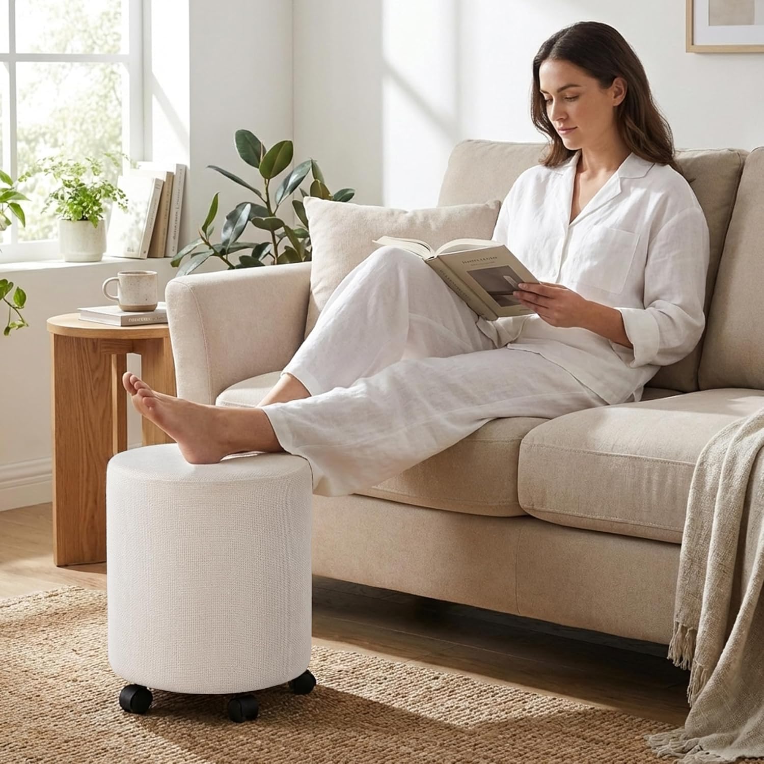 Get Set Style Ottoman with Wheels, Rolling Vanity Stool for Makeup, Upholstered Vanity Rolling Chair Footrest Round Ottoman Foot Stool for Living Room, Bedroom Beige