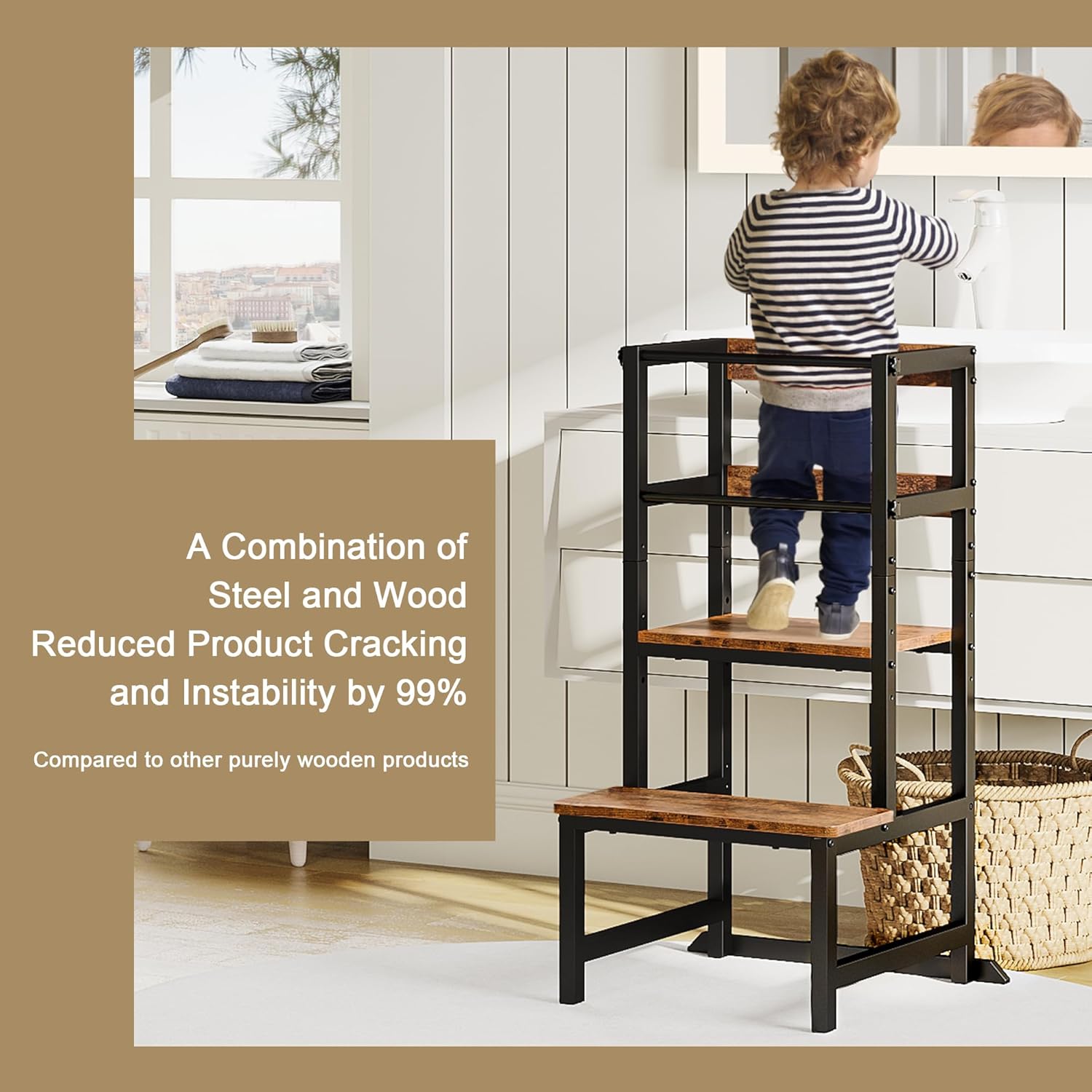 INNOD Kitchen Step Stool for Toddlers, Height Adjustable Toddler Tower with Safety Rail, Steel and Wood Toddler Kitchen Stool Helper Kids, Stool for Kids, Learning Tower, Kids' Desk Brown
