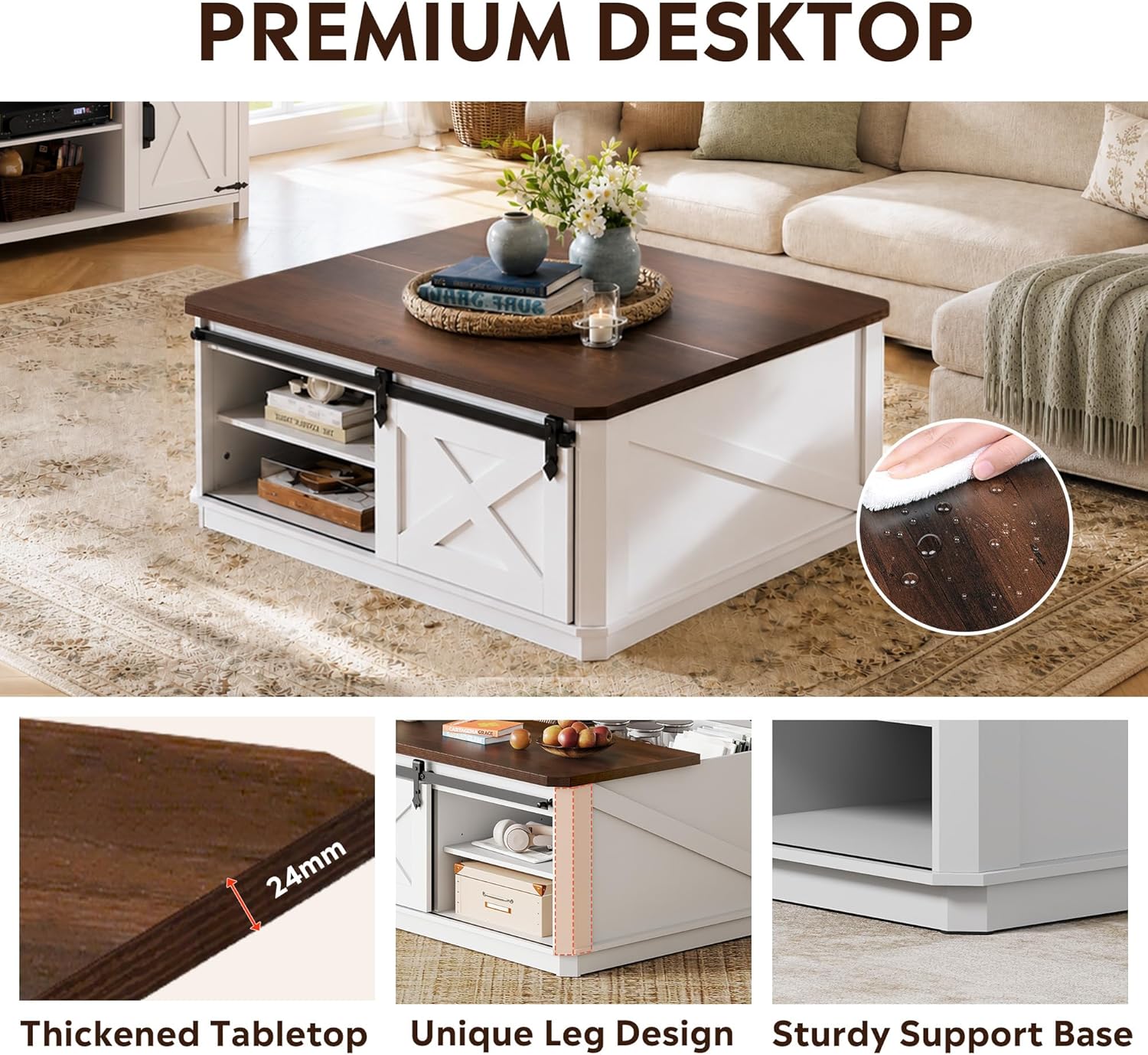 WLIVE Lift Top Coffee Table with Storage, 35.5" Farmhouse Coffee Table for Living Room, Square Center Table with Large Hidden Compartment and Adjustable Shelves White