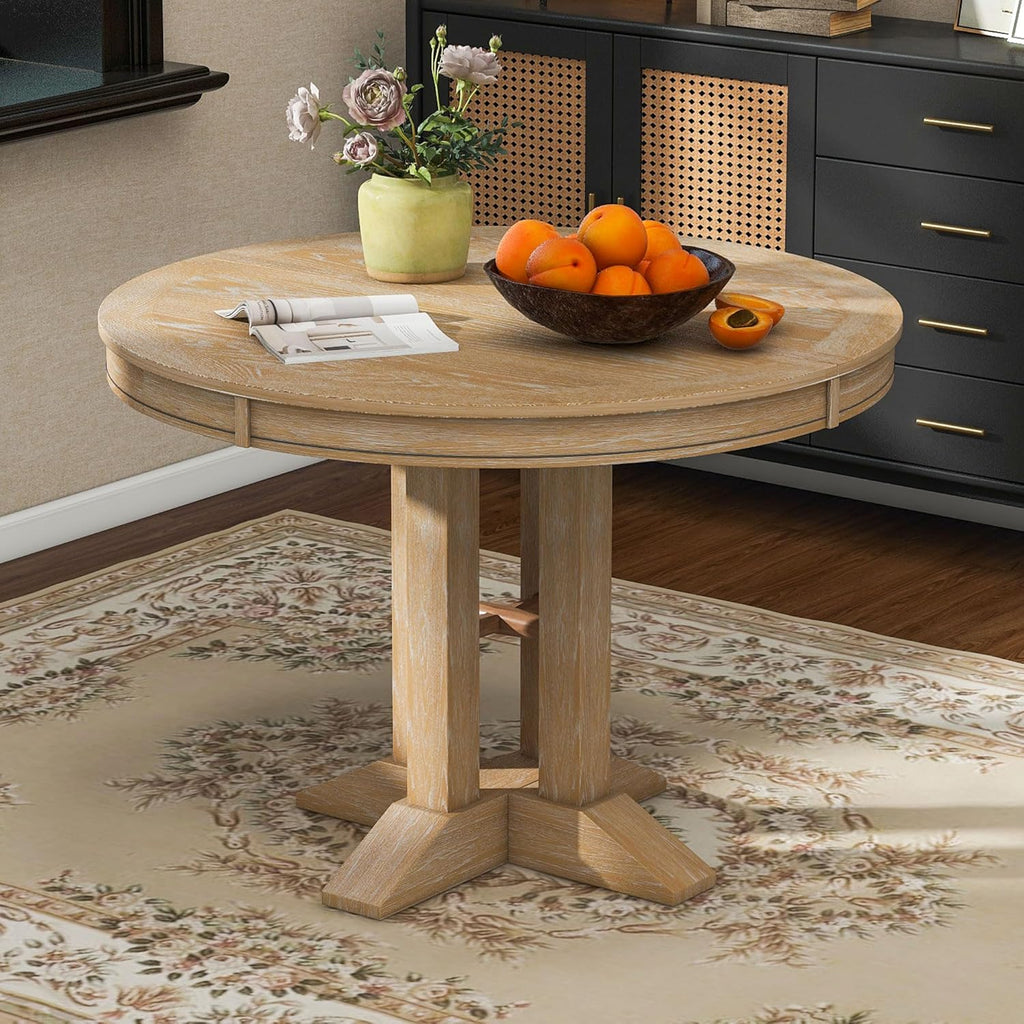 Merax Farmhouse Expandable Round Dining Table, 42 to 56 Inch Vintage Solid Wood Kitchen Table with Removable Oval Leaf, Retro Distressed Finish for Dining Room, Seats 6, Natural