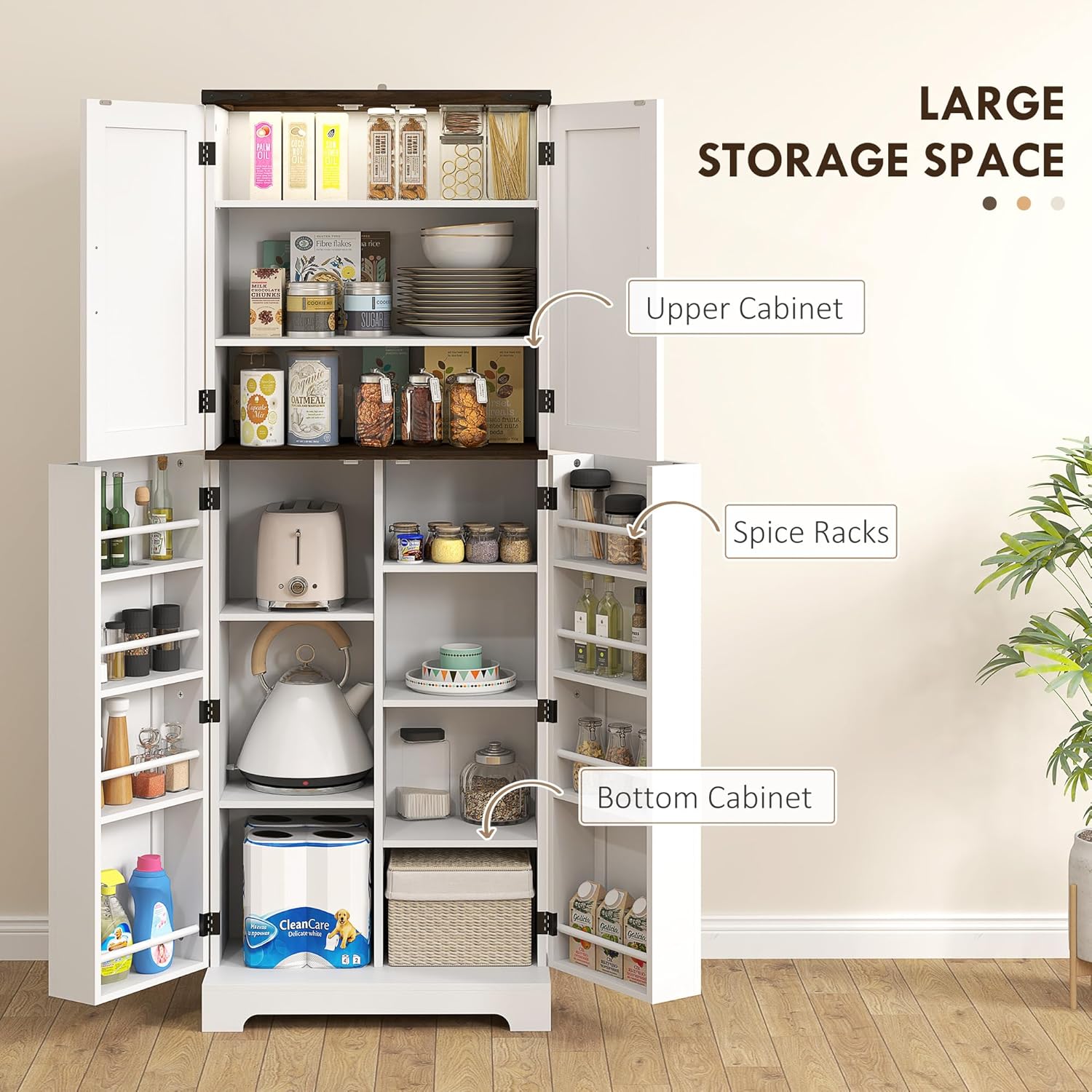 HOMCOM 64" Kitchen Pantry Cabinet with LED Motion Sensor Light, Farmhouse Tall Storage Cabinet with Adjustable Shelves, Cupboard for Living Room, Dining Room, White