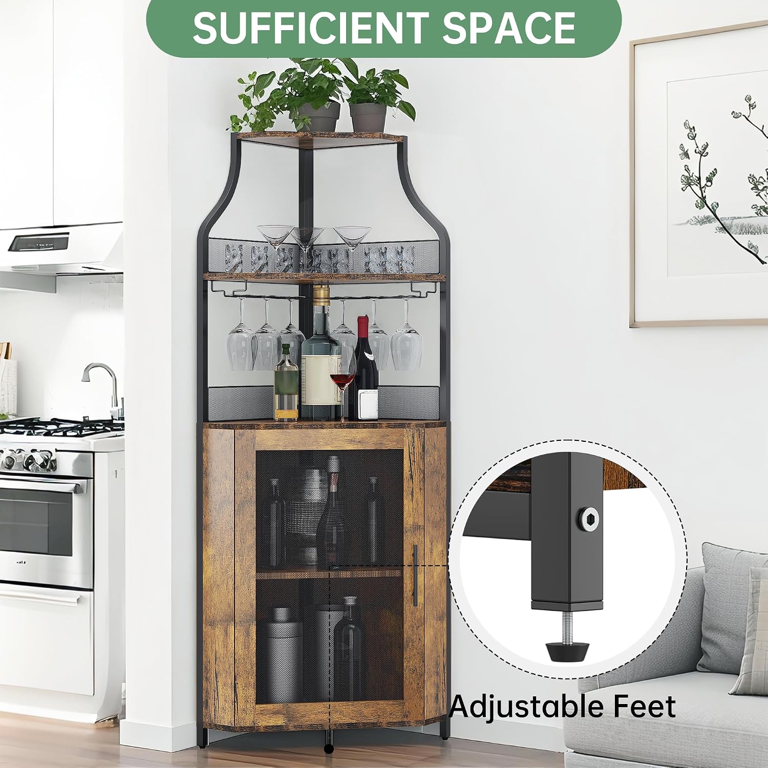 Corner Wine Cabinet Removable Design with Glass Shelves Mesh Doors Compact Sideboard and Buffet Cabinet Ideal for Home Bar and Living Room Storage