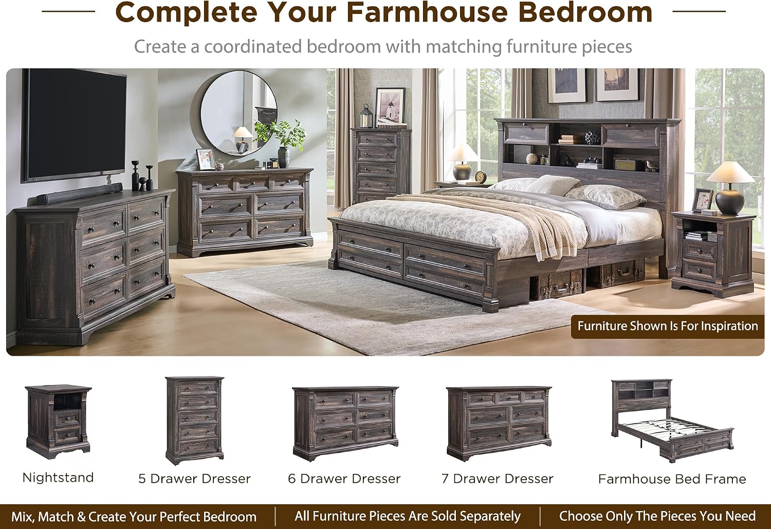 6 Drawers Dresser for Bedroom, 54" Wide Wood Large Dressers w/Roman Column | Dressers & Chests of Drawers, Wooden Dresser TV Stand for Nursery Bedroom Living Room Hallway,Dark Rustic Oak