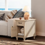 WAMPAT Beige End Table with Charging Station, Wooden Side Table with Storage Cabinet & Drawer, Elegant Nightstand with Power Outlets & USB Ports for Bedroom, Living Room
