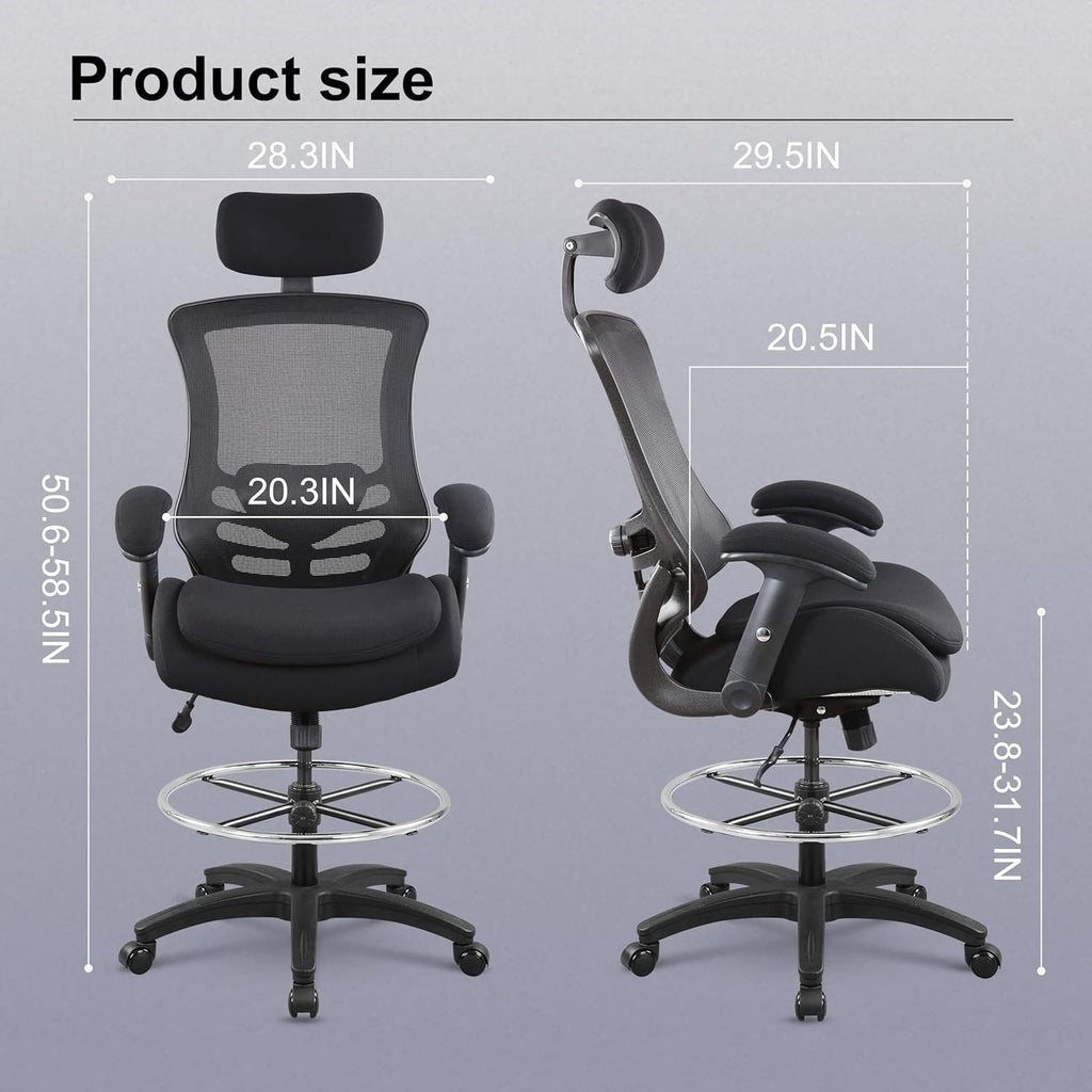 BOLISS 400lbs Ergonomic Drafting Chair,Tall Office Mesh Chair, Standing Desk Chair,Height Adjustable Armrest and Flip up Arms, Adjustable Lumbar Cushion (Black Frame Black Mesh)
