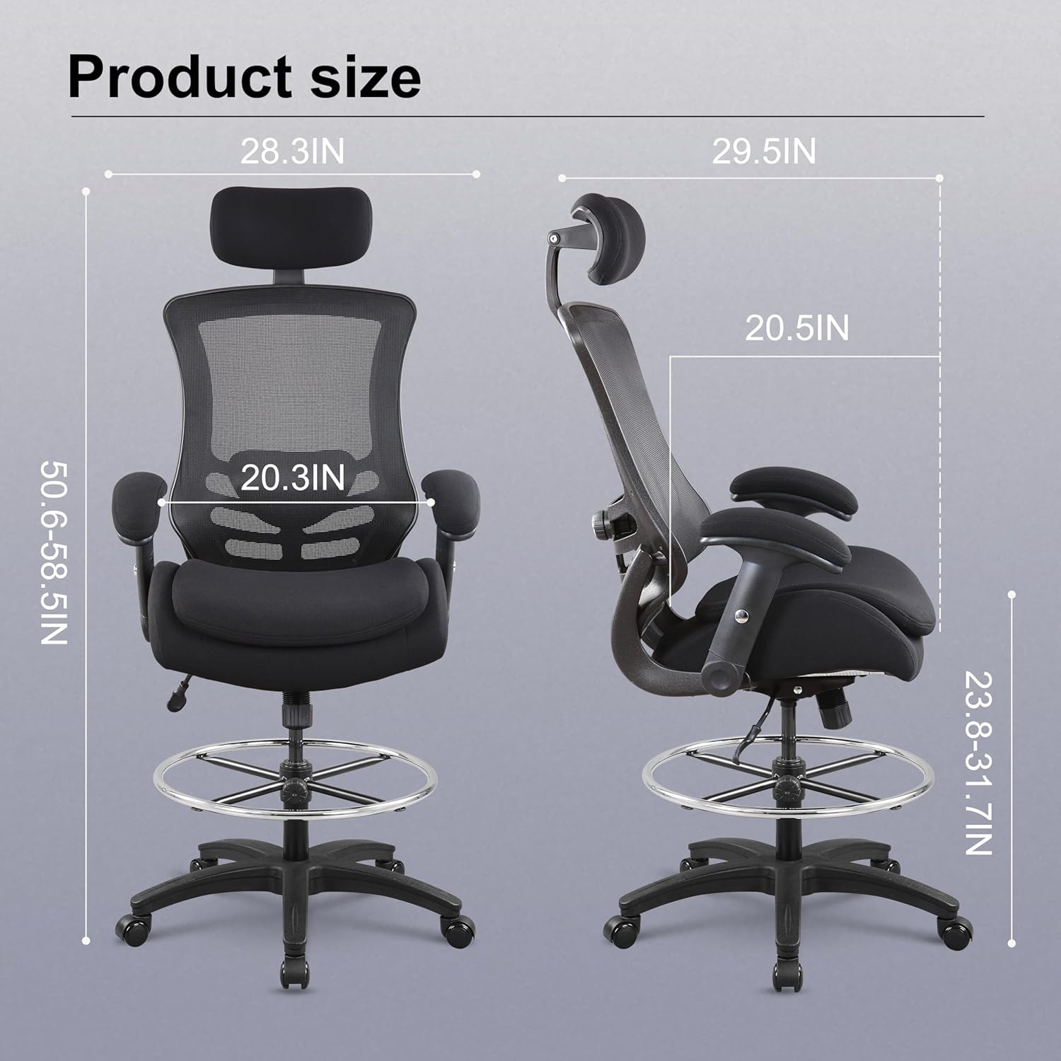 BOLISS 400lbs Ergonomic Drafting Chair,Tall Office Mesh Chair, Standing Desk Chair,Height Adjustable Armrest and Flip up Arms, Adjustable Lumbar Cushion (Black Frame Black Mesh)