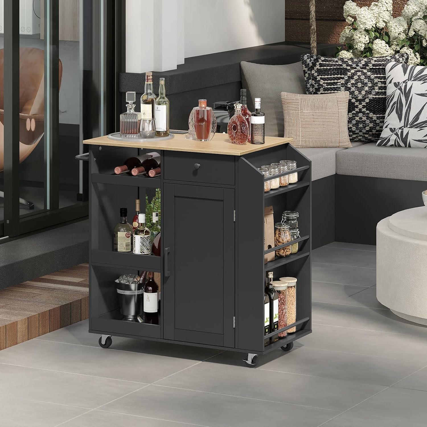 MAHANCRIS Kitchen Island with Power Outlet, Kitchen Storage Island with Drawer, Rolling Kitchen Cart on Wheels, Spice Rack, Towel Rack, Wine Rack, for Dining Room, Black and Natural KIHN122E01
