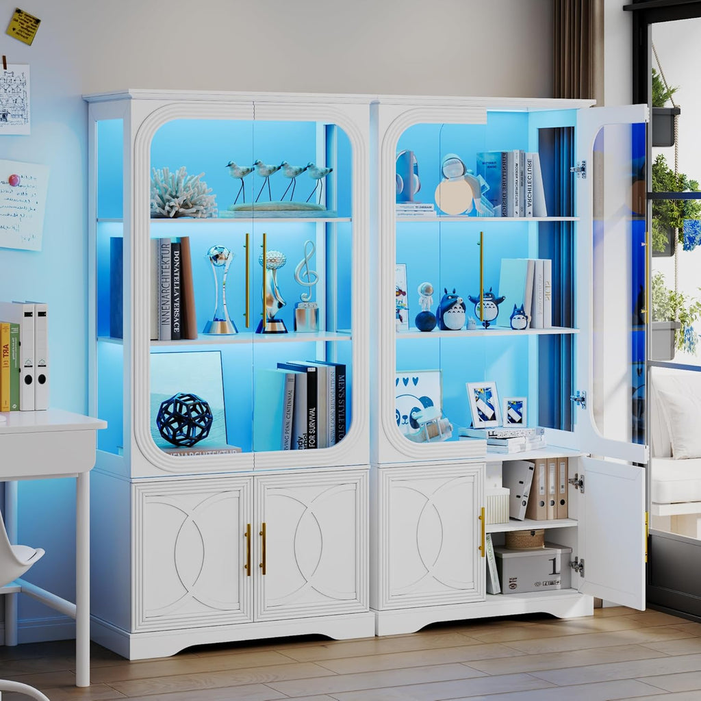 2pc Wood Display Cabinet with Glass Doors, 69" Tall Curio Cabinet with LED Lights, Glass Display Case with Storage and 3 Shelves for Living Room, (White-2)