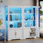 2pc Wood Display Cabinet with Glass Doors, 69" Tall Curio Cabinet with LED Lights, Glass Display Case with Storage and 3 Shelves for Living Room, (White-2)
