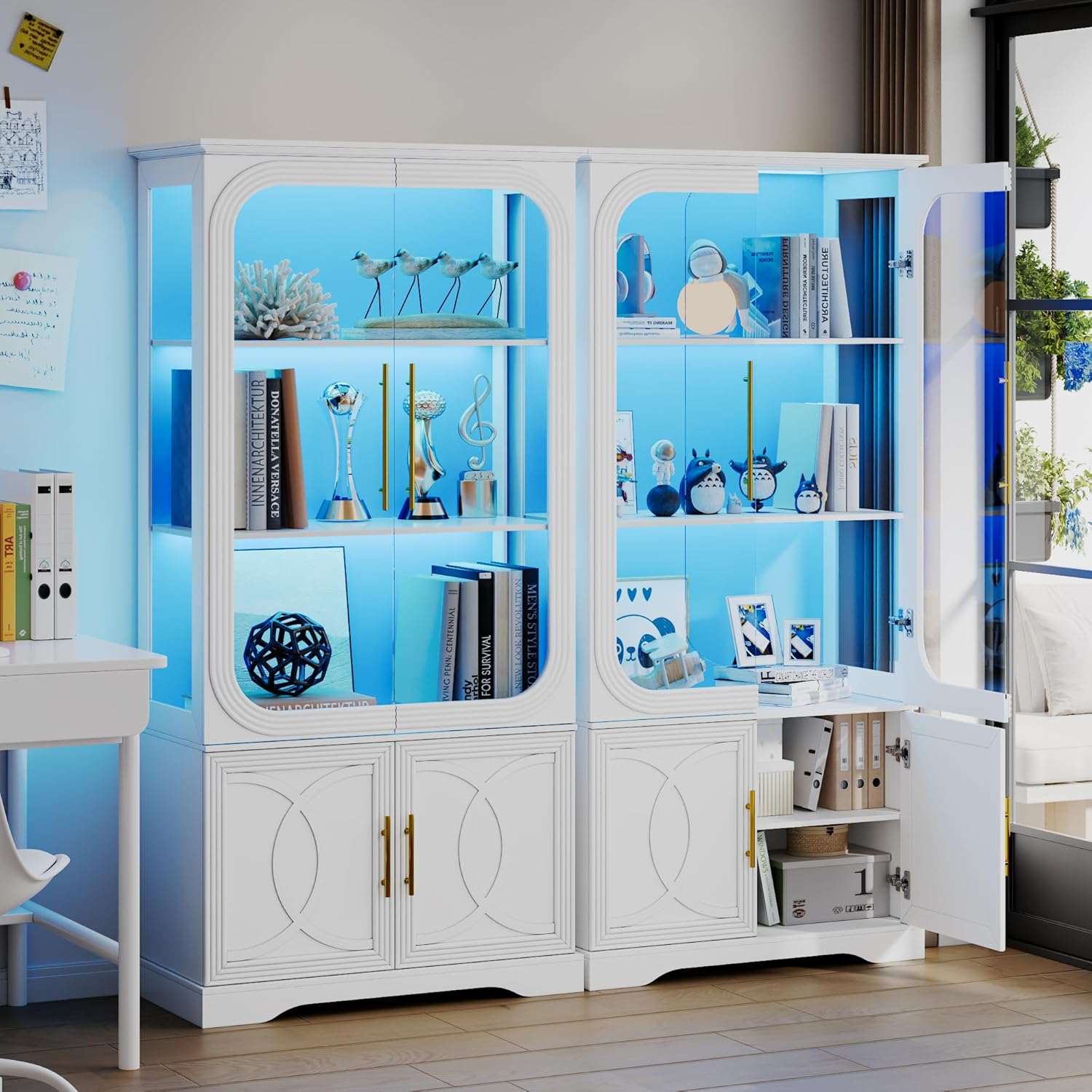 2pc Wood Display Cabinet with Glass Doors, 69" Tall Curio Cabinet with LED Lights, Glass Display Case with Storage and 3 Shelves for Living Room, (White-2)