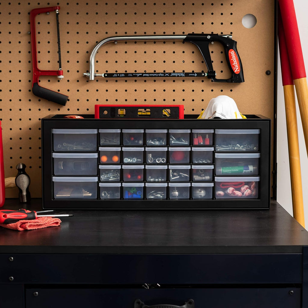 IRIS USA 26-Drawer Teacher Toolbox, Made in USA, Stackable Plastic Storage Drawers for Crafts, Stickers, Crayons, Markers, Beads, Hardware, Building Bricks, Organizer Cabinet, Garage Storage, Black