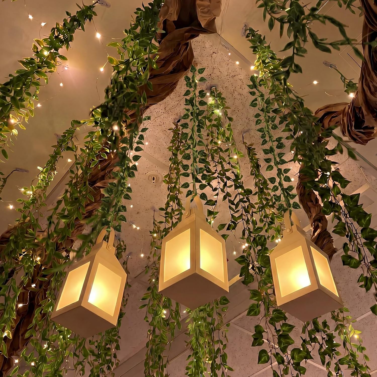 Yinder 24 Pcs Enchanted Forest Theme Decoration Set 82.68 ft Artificial Begonia Leaf Vine Paper Candle Lanterns Decor with LED String Lights for Bedroom Aesthetic Jungle Fairy Wonderland Party Favor