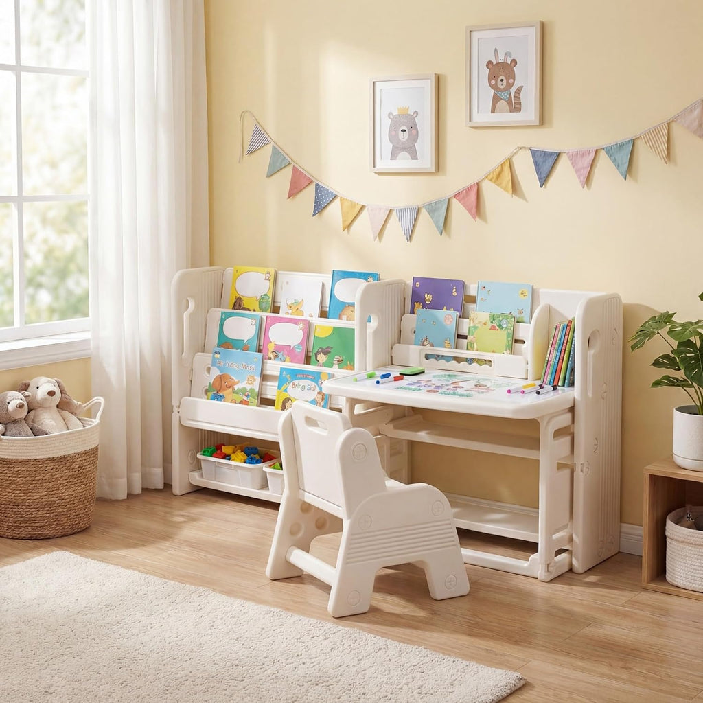 Costzon Toddler Table and Chair Set, Art Desk Set w/Side Bookshelves, Storage Boxes, Whiteboard & Tiltable Desktop, Kids Table and Chair for Writing, Painting, Reading