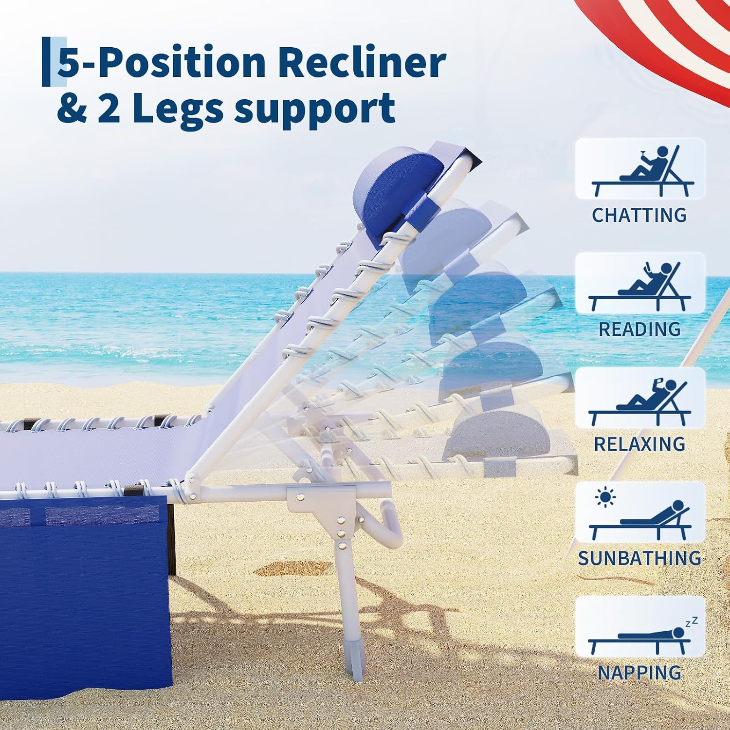 Garvee Tanning Chair with Face Hole, 3-in-1 Outside Beach Lounge Chair with Folding Table, 5 Reclining Positions and Removable Pillow, for Beach, Pool, Patio, Garden -Max 330lbs (Blue)