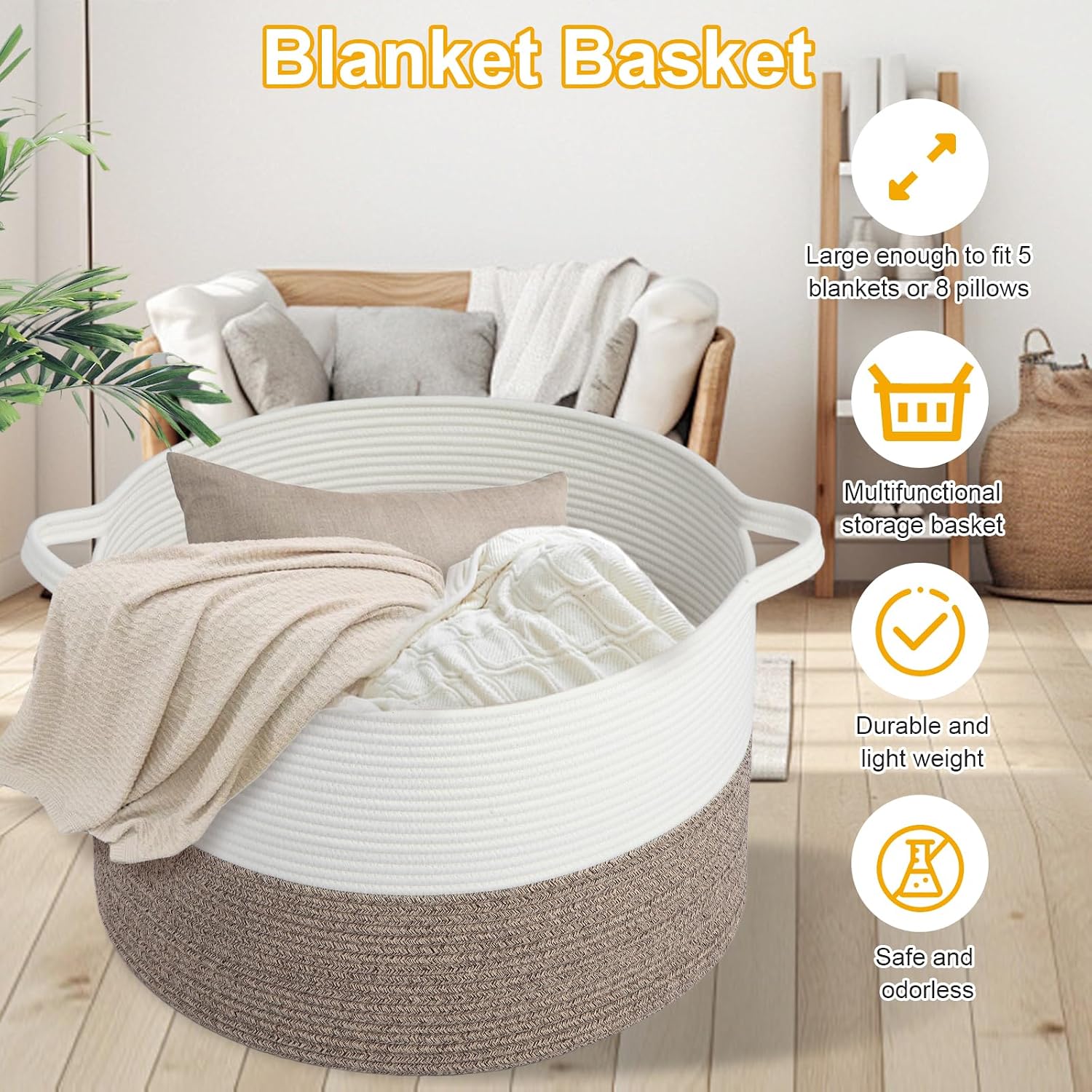 Large Laundry Basket 22''x14''Woven Cotton Rope Baby Blanket Basket for Living Room Girl Laundry Hamper Toy storage Baby basket Nursery Hamper Storage Bin (White+Brown)