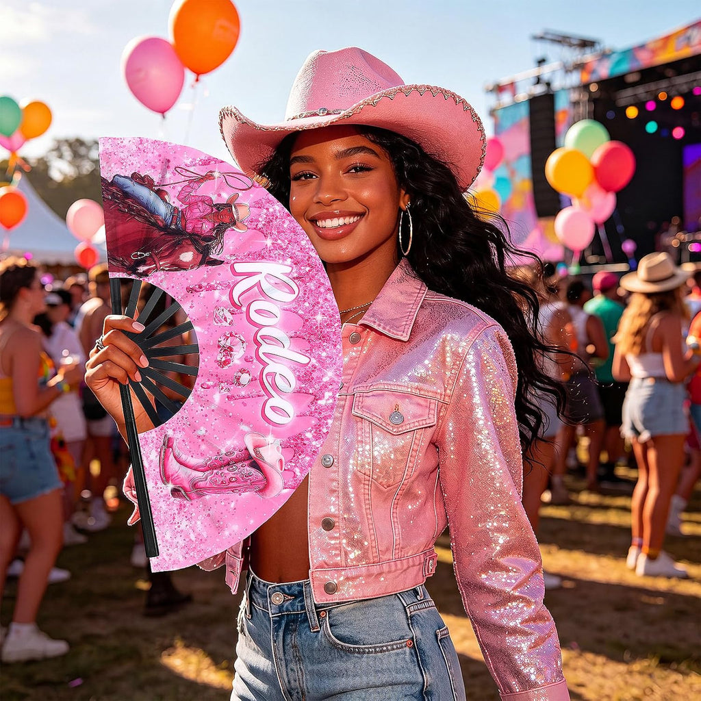 Blulu 13 Inch Line Dance Fan Rodeo Cowgirl Boots Fan Large Pink Glitter Popping Clapping Clacking Fans for Line Dancing Folding Rave Hand Fans for Dance, Party, Sports