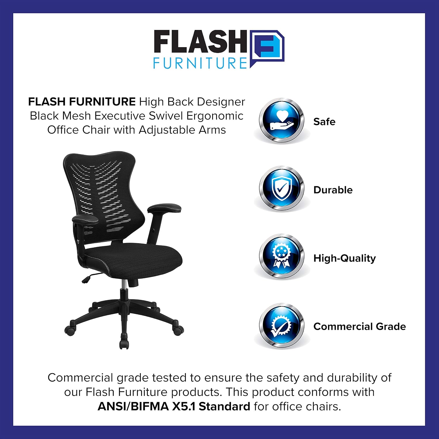 Flash Furniture Kale High Back Designer Black Mesh Executive Swivel Ergonomic Office Chair with Adjustable Arms