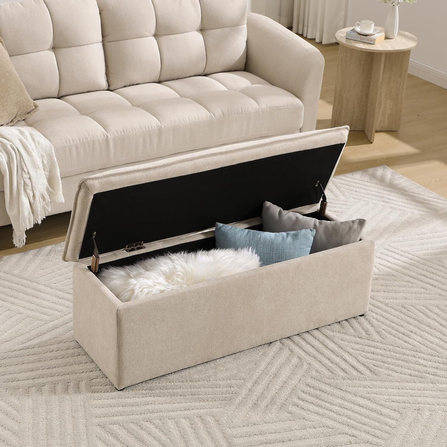 CIMOTA Storage Ottoman Bench, Upholstered End of Bed Storage Bench with Safety Hinge, Large Storage Chest with Seating, Modern Entryway Bench for Bedroom, Living Room, Chenille Oatmeal
