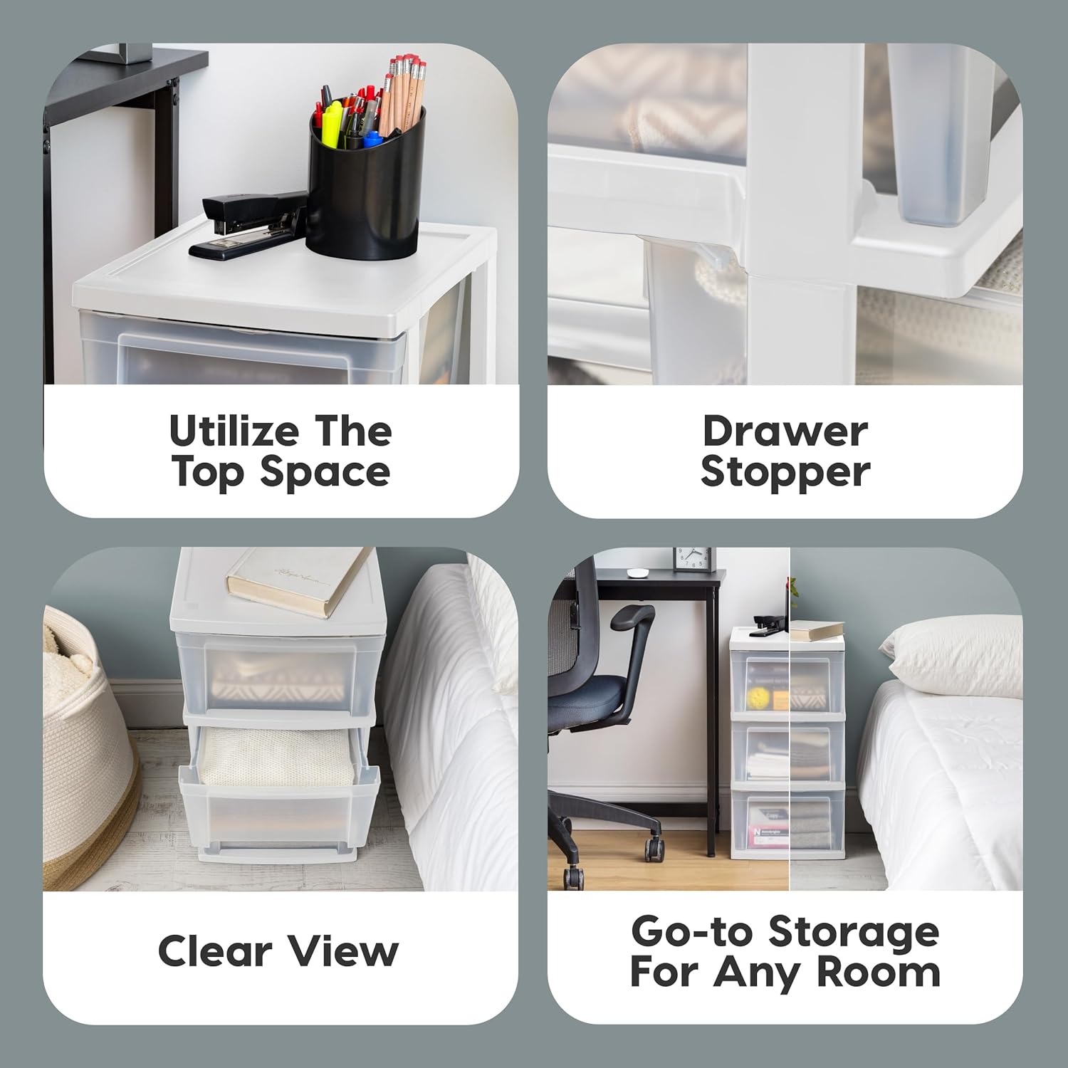 IRIS USA Plastic Drawer Storage Organizer, 3-Drawers, 2-Pack, for Classroom Art Craft Supplies, Bathroom Bedroom, Laundry Room, White/Clear