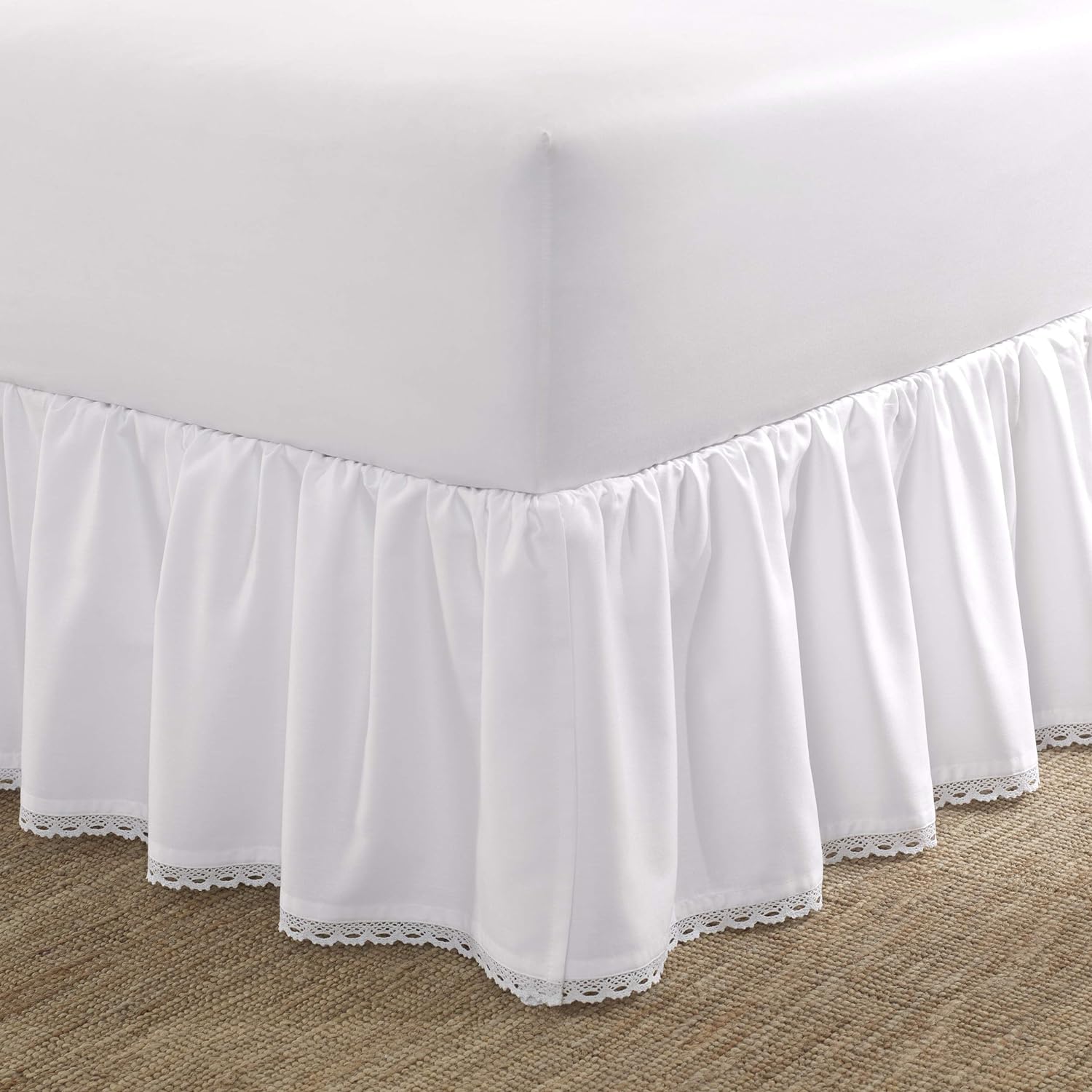 Laura Ashley – Queen Size Ruffled Bed Skirt, Lightweight Cotton Sateen Bedding with Crochet Trim & 14.5" Drop, College Dorm Room Essentials (White)