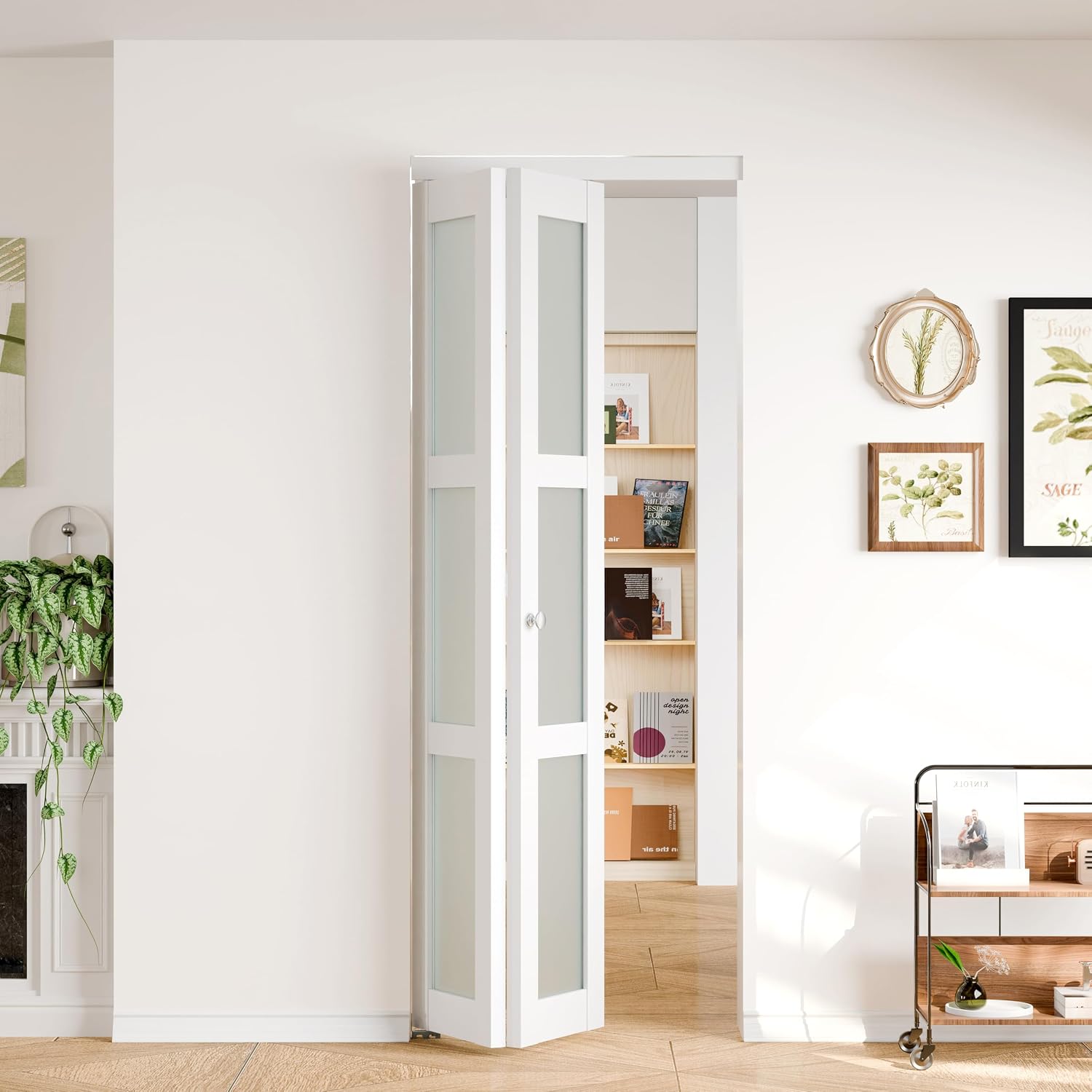 Bifold Door for 28" x 80" Opening, Preassembled 3-Lite Tempered Frosted Glass Closet Door with Hardware Kit, Interior Folding Door for Bedroom, Pantry & Laundry