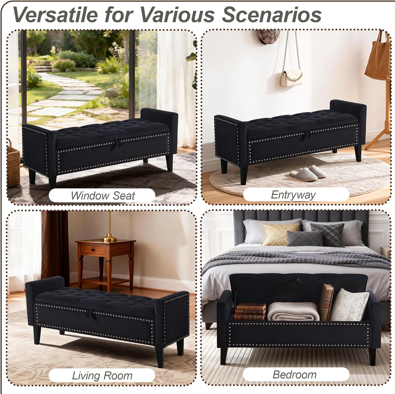 47in Velvet Storage Ottoman Bench with Arms, Upholstered Storage Bench with Wooden Legs, Storage Bench for Bedroom, Living Room, Entryway, Black