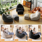 Cloud Large Bean Bag Chair with Ottoman, Corduroy Fabric+35D Memory Foam Big Beanbag Chair for Adults,Lounger Chairs Sofa Boneless Puff Chair for Living Room (Beige) (Black, Clouds)