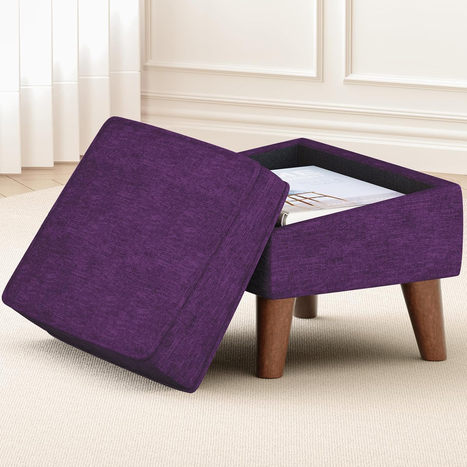 FAGAGA Storage Ottoman, Small Foot Stool Ottoman with Storage, Modern Foot Rest with Adjustable Lid and Sturdy Wood Legs for Living Room, Bedroom, Couch, Enterway(Purple)