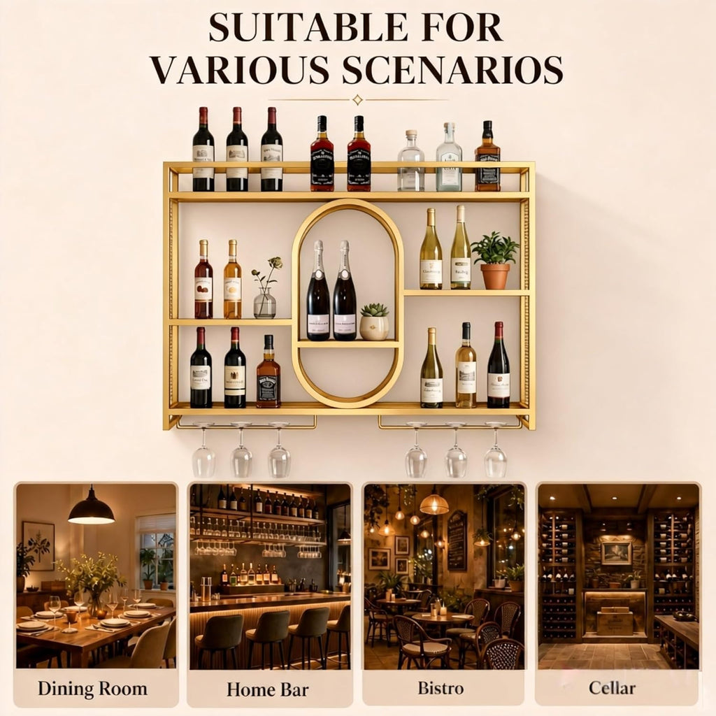47" Upgrade Metal Wall Mounted Wine Rack, 3 Tier Bar Shelves with Glass Holder, Large Capacity Modern Liquor Shelves for Home Bar, Dining Room & Kitchen, Gold