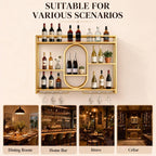47" Upgrade Metal Wall Mounted Wine Rack, 3 Tier Bar Shelves with Glass Holder, Large Capacity Modern Liquor Shelves for Home Bar, Dining Room & Kitchen, Gold
