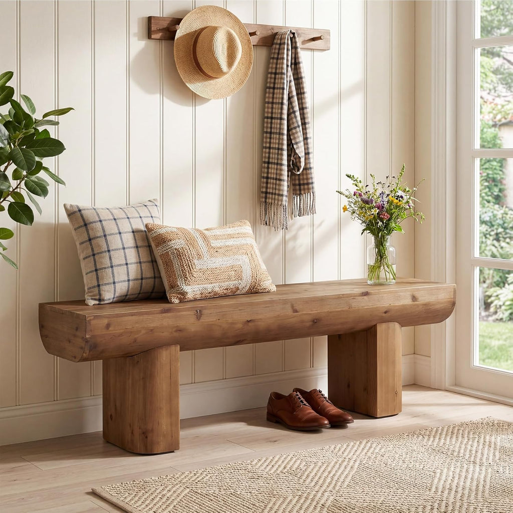 55'' Solid Wood Entryway Bench, Farmhouse Wood Dining Bench, Rustic End of Bed Bench for Bedroom, Living Room, Hallway