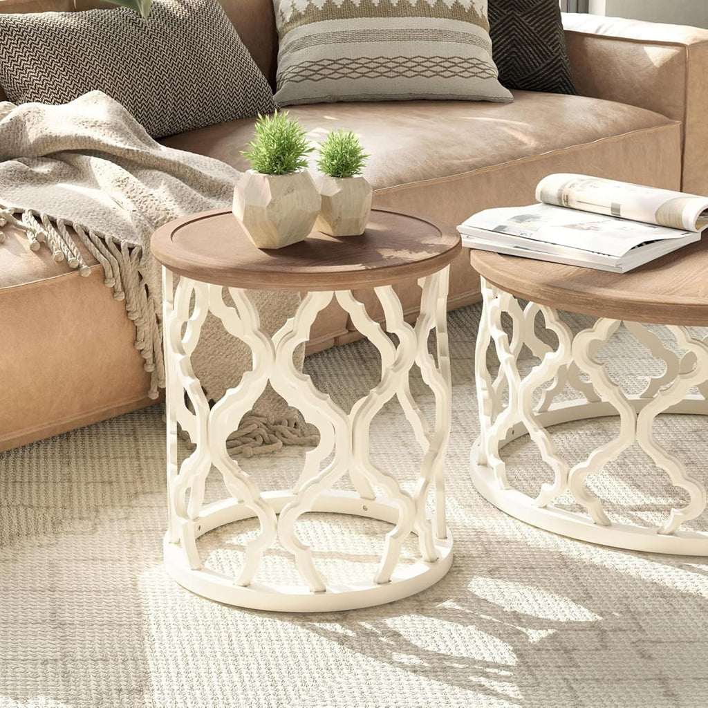 COZAYH Set of 2 Farmhouse End Table, Distressed Tray Top Side Table with Curved Motif Frame Base for Boho, Rustic, French Country, Small Space, Round, White (2 Pack)