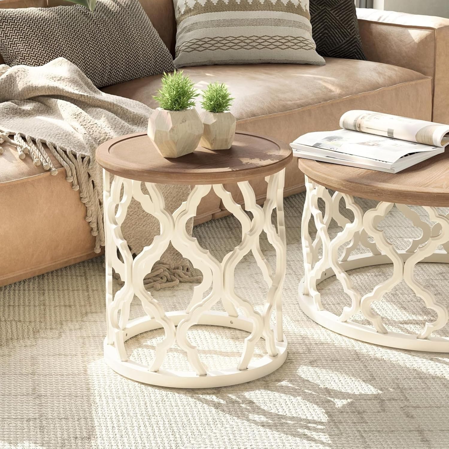 COZAYH Set of 2 Farmhouse End Table, Distressed Tray Top Side Table with Curved Motif Frame Base for Boho, Rustic, French Country, Small Space, Round, White (2 Pack)