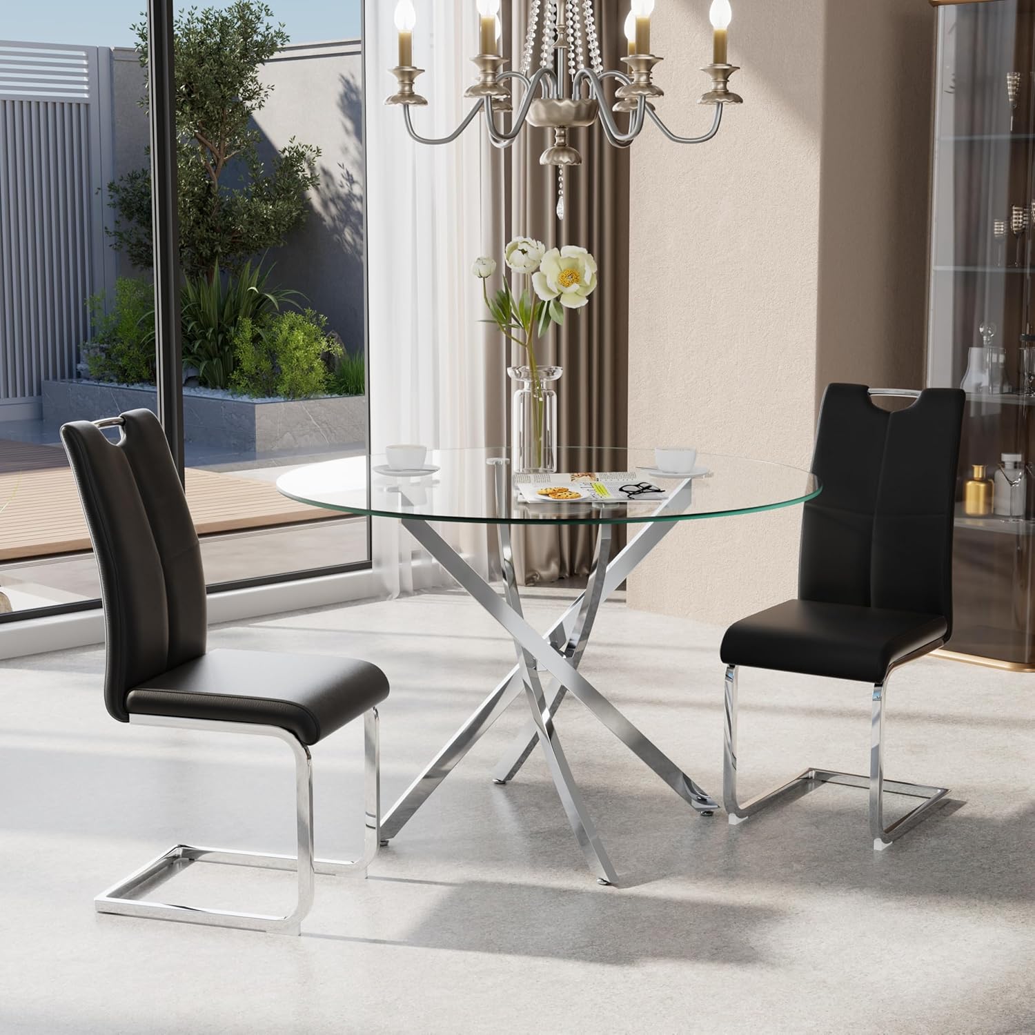 36-Inch Round Tempered Glass Dining Table for 2-4 Person Space-Saving Small Kitchen Table with Heavy-Duty Metal Legs Perfect for Dining Room, Apartment, Condo (Silver)