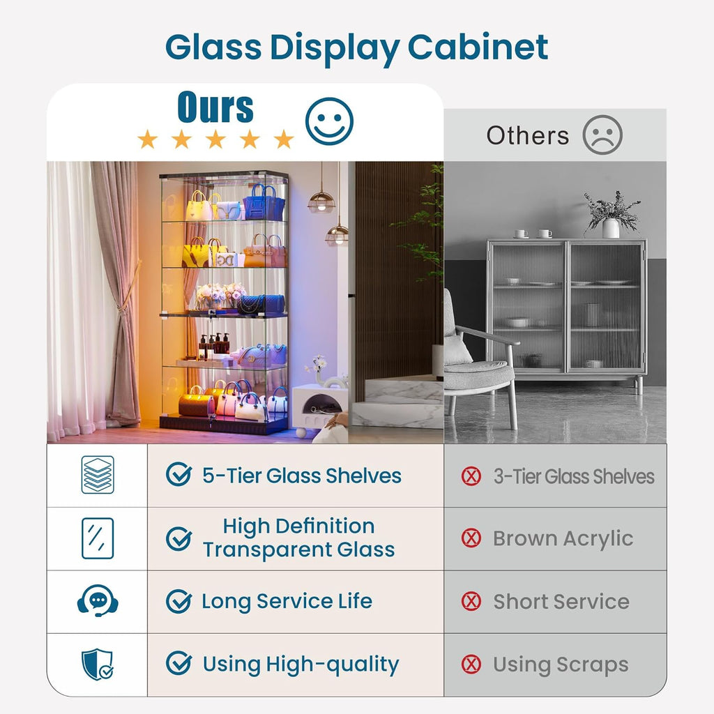 Glass Display Cabinet with Human Body Sensing RGB Lights,5-Tiers Curio Cabinet Display Case with Lock, Frameless Tall Showcase Display Shelf for Collectibles, Living Room Bookcase Storage Cabinet