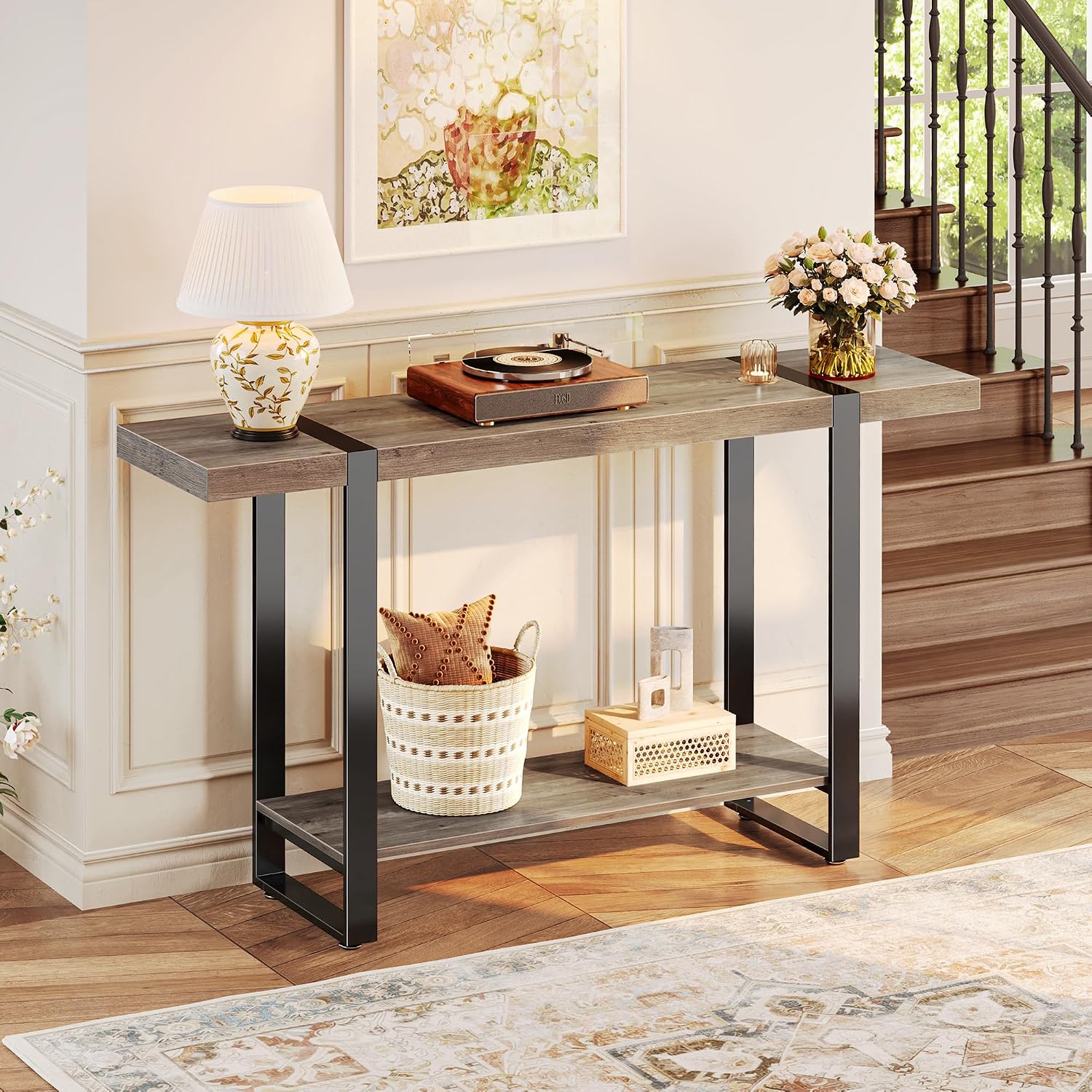 Huuger 47.2 Inch Entryway Table, 2-Tier Industrial Console Sofa Table with Storage, Accent Table, for Entry, Hallway, Entrance, Foyer, T-Shaped Metal Frame, Grey