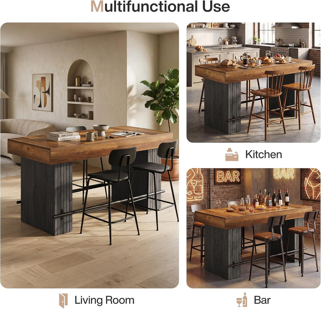 Tribesigns 63-Inch Counter Height Bar Table, Long Bar Table with Metal Footrest, Home Bistro Unit for Kitchen, Dining Room & Living Room, Rustic Brown and Black