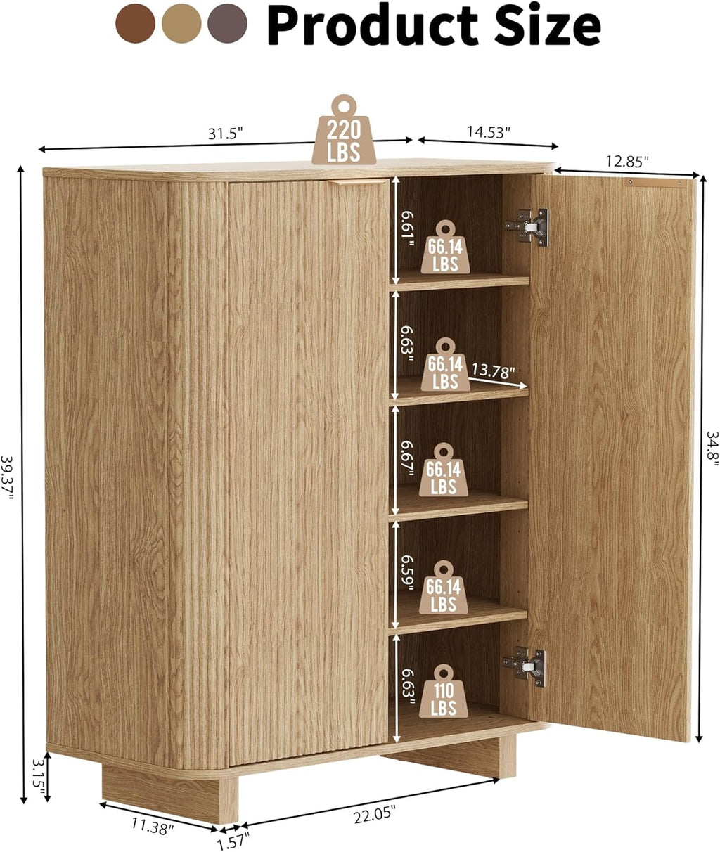 Fluted Entryway Shoe Storage Cabinet with Doors, 5 Tier 39'' Tall Freestanding Modern Shoe Rack Organizer Cabinet with 3 Adjustable Shelves for Hallway, Foyer, Entrance, MDF - Natural