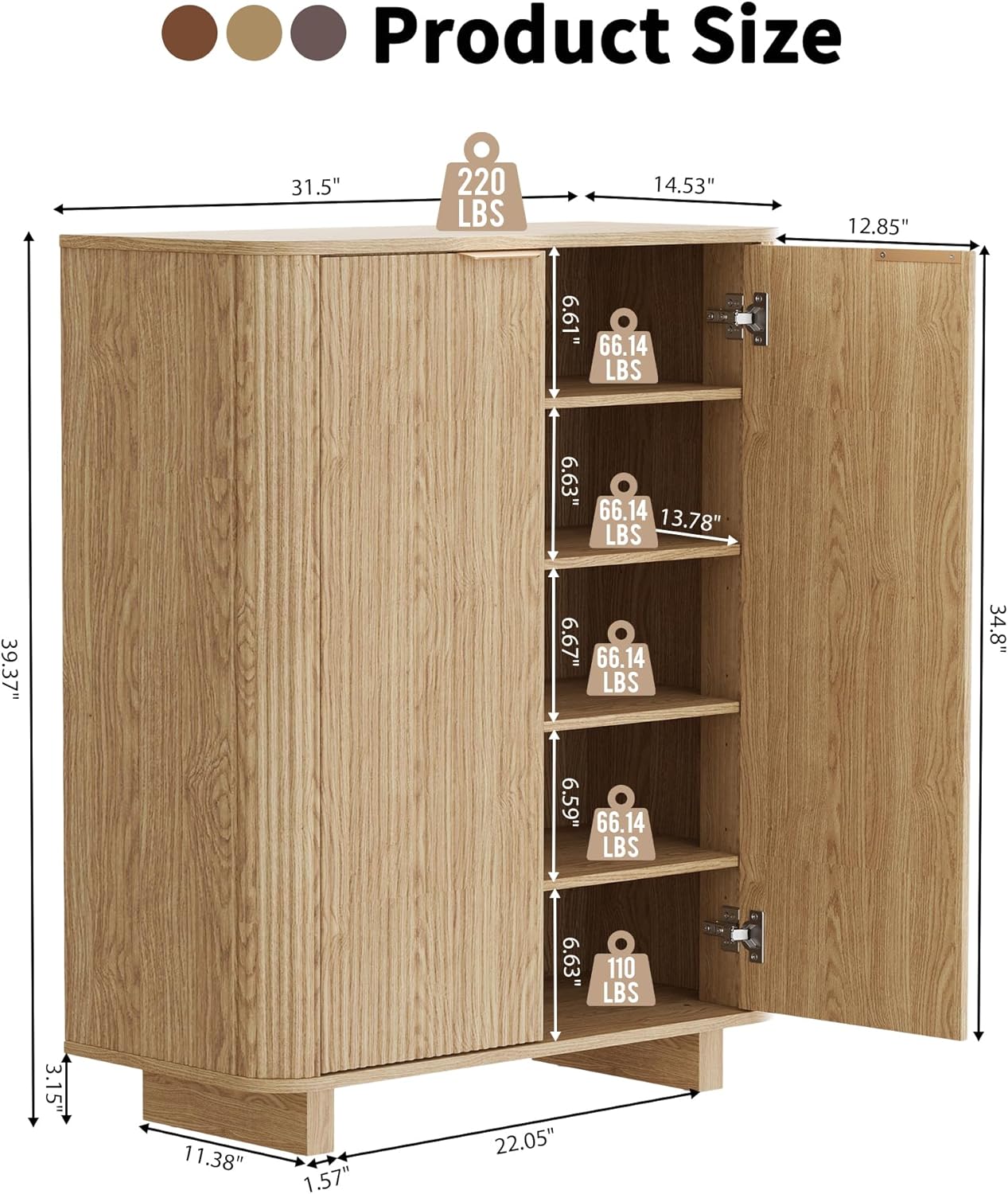 Fluted Entryway Shoe Storage Cabinet with Doors, 5 Tier 39'' Tall Freestanding Modern Shoe Rack Organizer Cabinet with 3 Adjustable Shelves for Hallway, Foyer, Entrance, MDF - Natural
