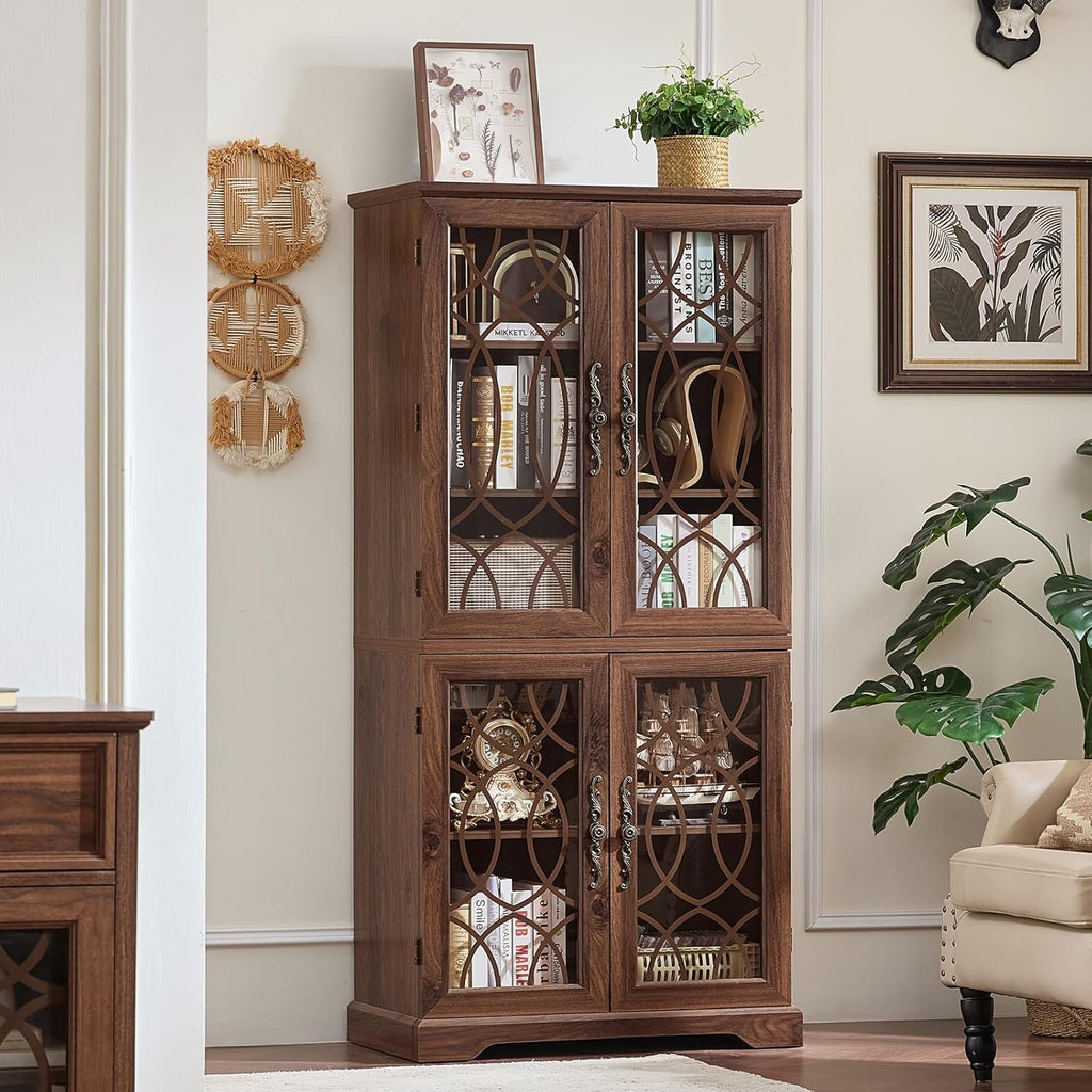 Joaxswe 67" Tall Pantry Cabinet, Wood Kitchen Pantries Cabinets with Glass Doors & Adjustable Shelves, Freestanding Vintage Cupboard with Large Storage for Dining Room, Bathroom, Brown