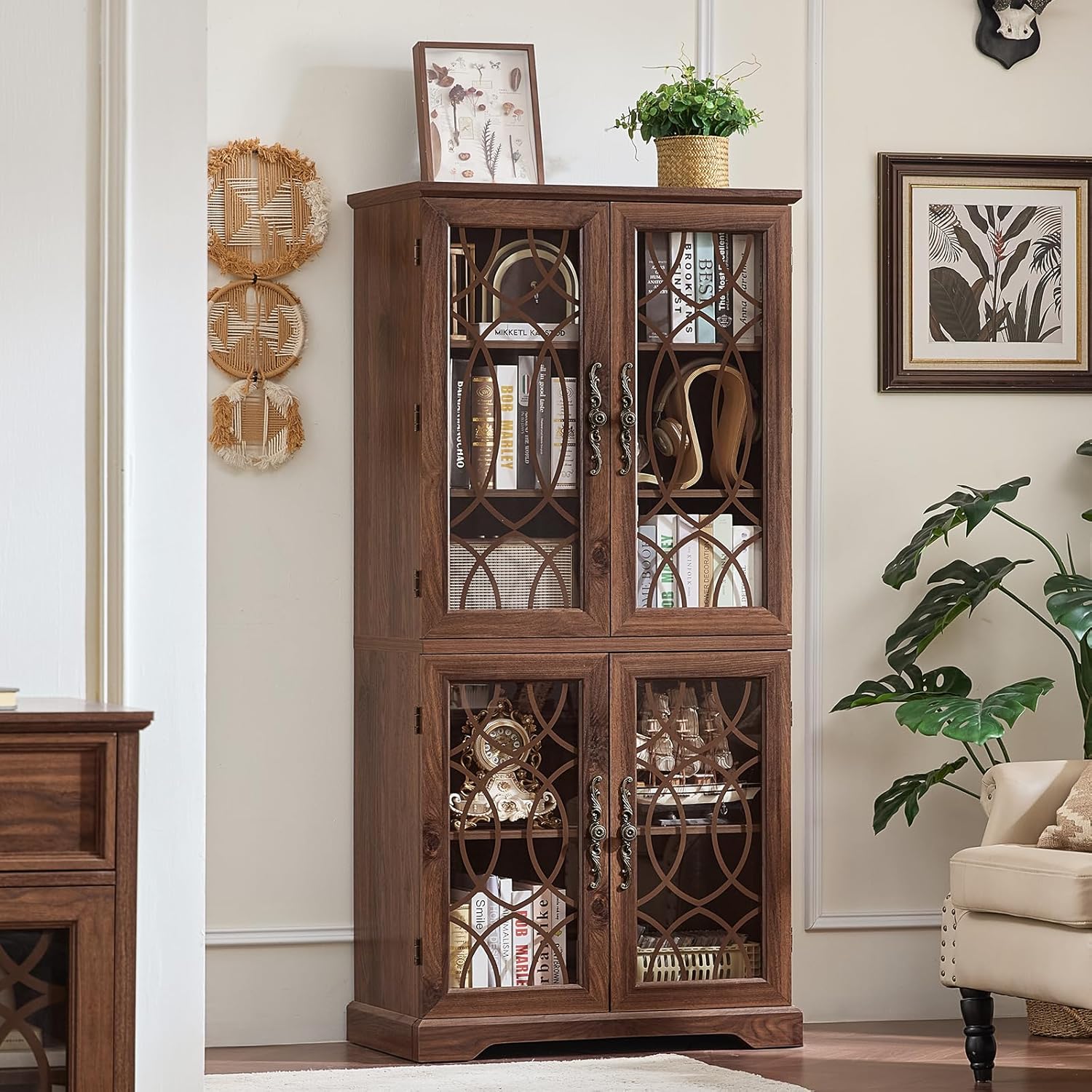 Joaxswe 67" Tall Pantry Cabinet, Wood Kitchen Pantries Cabinets with Glass Doors & Adjustable Shelves, Freestanding Vintage Cupboard with Large Storage for Dining Room, Bathroom, Brown