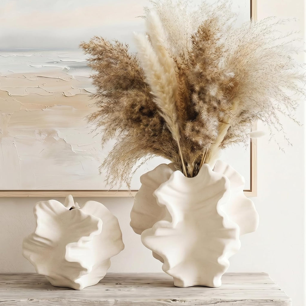 White Coral Vase Set of 2, Rustic Ceramic Flower Vase, Boho Farmhouse Coastal Charm Style, Decorative Pampas Vases for Home Living Room, Kitchen, Coffee Table, Bathroom, Shelf, Entryway & Fireplace