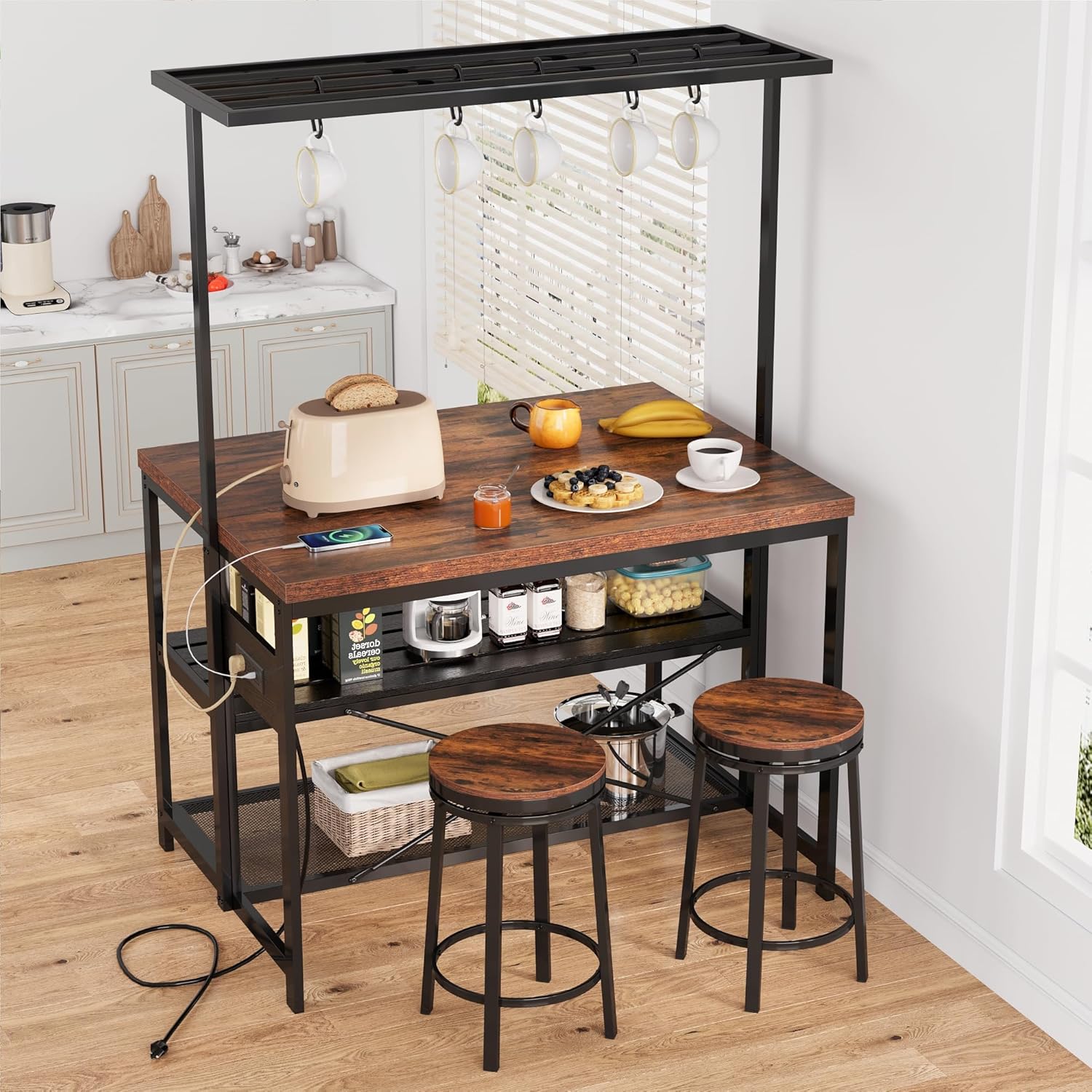 IDEALHOUSE 47" Kitchen Island with Electrical Outlets - Rolling Microwave Stand with 3-Tier Shelves, 5 Hooks & 400lb Capacity (Black & Wood)