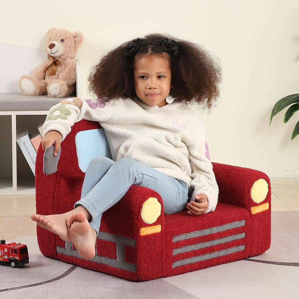 MOMCAYWEX Comfy Toddler Chair, Snuggly Kids Armchair, Red Fire Truck