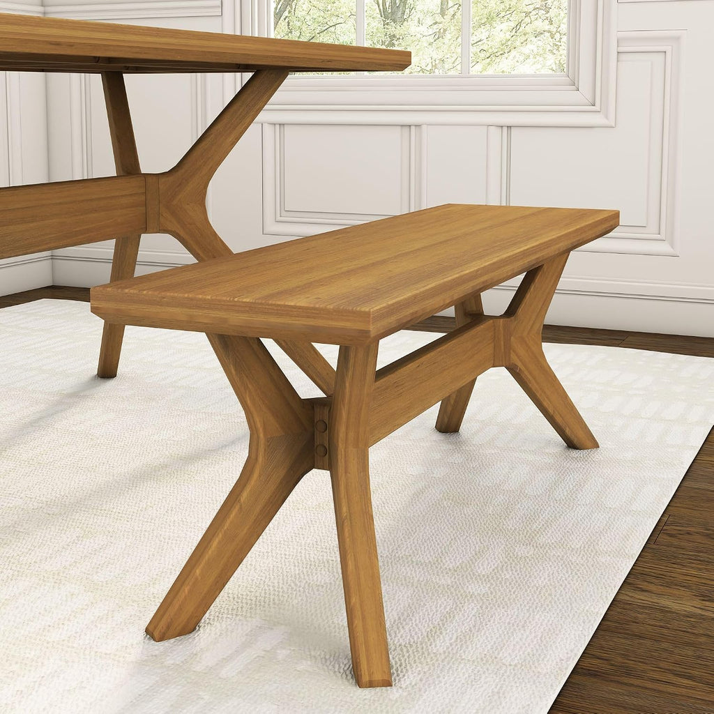 Plank+Beam Verso 48 Inch Modern Dining Bench, Pine Wood, Cross-Leg Base, Pecan