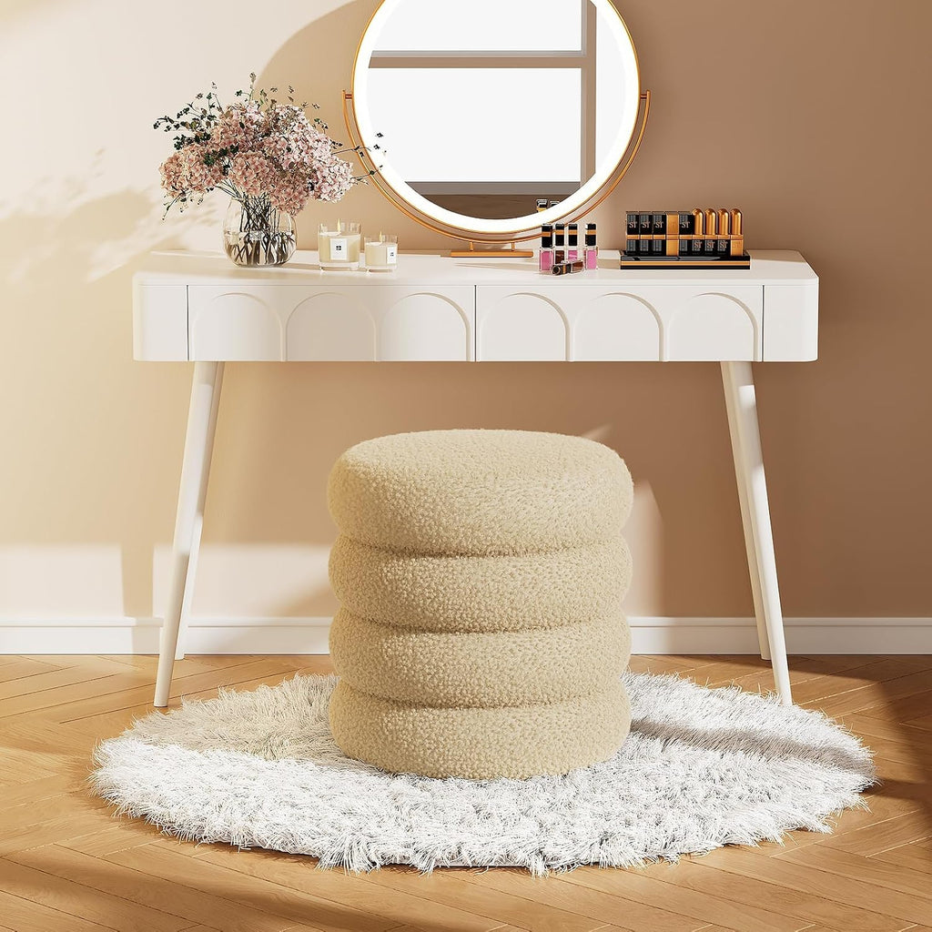 Soft Teddy Round Ottoman with Tray, 17.5 Inches Ottoman Coffee Table with Storage for Living Room, Vanity Stool with Storage Bedroom, Load up to 300 lb, No Assembly Required (Beige)