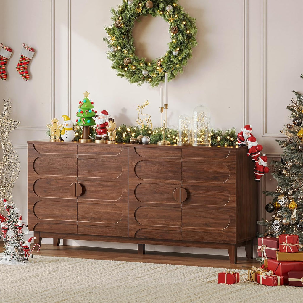 ONBRILL 63" Sideboard Buffet Cabinet with Storage, Large Buffet Cabinet with 4 Circular Panel Design Doors and Adjustable Shelves, Modern Sideboard for Living Room, Kitchen (Walnut)