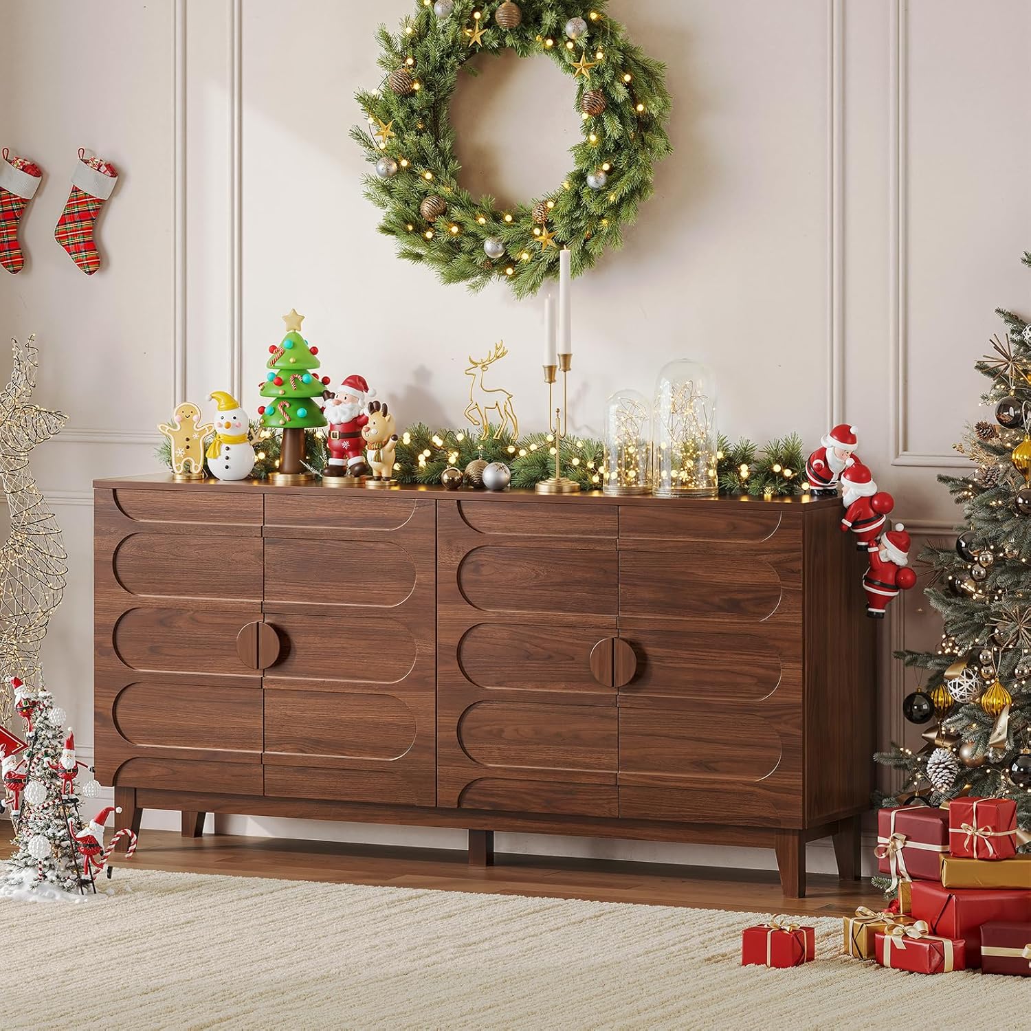 ONBRILL 63" Sideboard Buffet Cabinet with Storage, Large Buffet Cabinet with 4 Circular Panel Design Doors and Adjustable Shelves, Modern Sideboard for Living Room, Kitchen (Walnut)