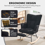 Nursing Rocking Chair, Teddy Glider Rocker with Footrest (Black) | Upholstered Accent Rocking Armchair with High Back & Side Pocket for Living Room Bedroom Nursery Office